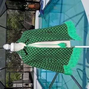 Vintage '60/'70's Women's Fringe Poncho Cape Armholes Kelly Green One Size